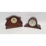 Mid 20th century oak Napoleon's hat cased clock with a mahogany and inlaid elaborately shaped mantel