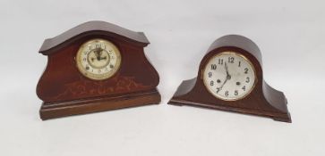 Mid 20th century oak Napoleon's hat cased clock with a mahogany and inlaid elaborately shaped mantel