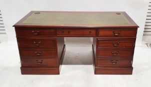 Modern pedestal desk with inset leather top, assorted drawers, on plinth base, 77cm x 158cm x 73cm