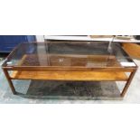 Stained oak two-tier glass top coffee table 35cm x 112cm x 47.5cm