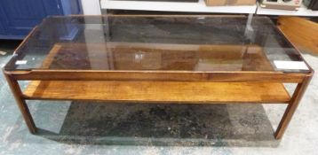 Stained oak two-tier glass top coffee table 35cm x 112cm x 47.5cm