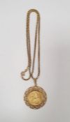 Victorian 1895 sovereign in 9ct gold pendant mount, on 9ct gold boxlink chain, chain approx. 10g