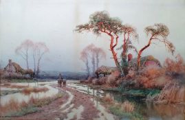 E W Haslehust Watercolour  Figures on road, signed lower left, 28cm x 42cm