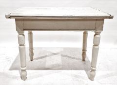 Painted shabby chic-style kitchen table, the plank top with pleated end supports, extending by