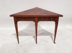 20th century satinwood banded triangular foldover card table with two drawers, on three square