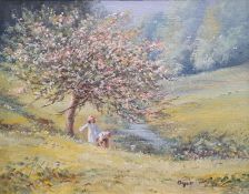 Oil on canvas  Springtime Orchard, indistinct signature lower left, in gilt frame, 19cm x 25cm