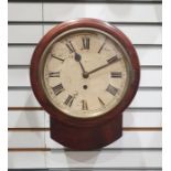 Small mahogany cased drop dial wall clock with painted circular dial and Roman numerals, single