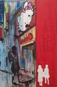 21st century school Acrylic on canvas Urban art, night-time street scene with female figure,