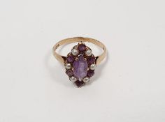 9ct yellow gold navette-shaped ring set with amethyst and pearl