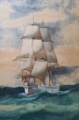 Unattributed Watercolour drawing Sailing ship in rough sea, framed, 38cm x 25cm Russell Thomas