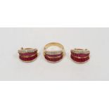 Pair of 18K yellow gold earrings set with baguette-cut rubies and diamonds and a matching ring,