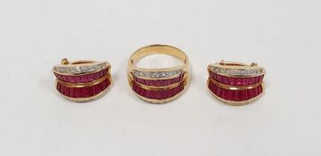 Pair of 18K yellow gold earrings set with baguette-cut rubies and diamonds and a matching ring,