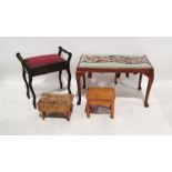 Piano stool with lift-top seat, two pine stools and one further stool on mahogany-framed cabriole