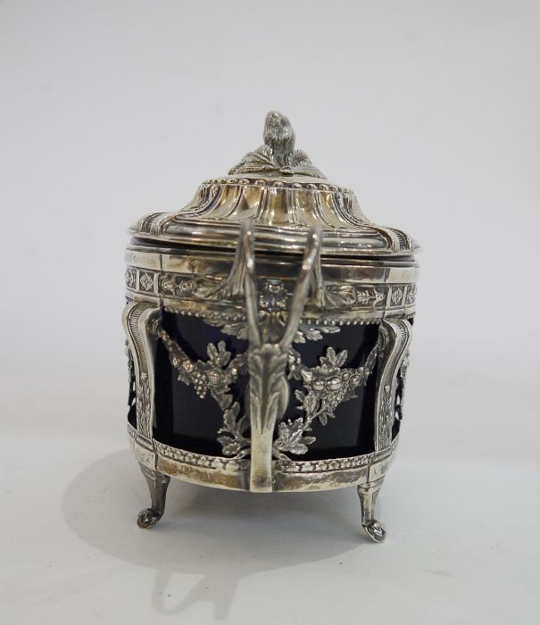 French late 19th century silver and blue glass sugar basket by Leon Lapar, oval, the lid with - Image 3 of 8