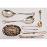 Silver wares to include embossed pin tray, teaspoon with lawn bowls figure to the finial, salad