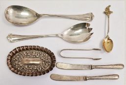 Silver wares to include embossed pin tray, teaspoon with lawn bowls figure to the finial, salad