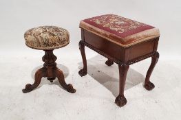 Victorian circular piano stool with carved and moulded column, on tripod base with moulded ogee legs