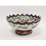 Chinese clobbered pedestal bowl with scalloped border, underglaze blue and enamel decoration of