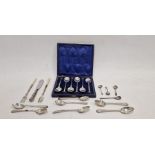 Small quantity of various silver teaspoons and mustard spoons, a cased set of electroplated