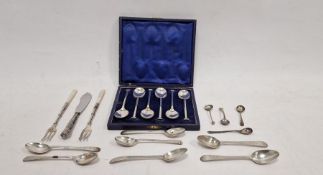 Small quantity of various silver teaspoons and mustard spoons, a cased set of electroplated