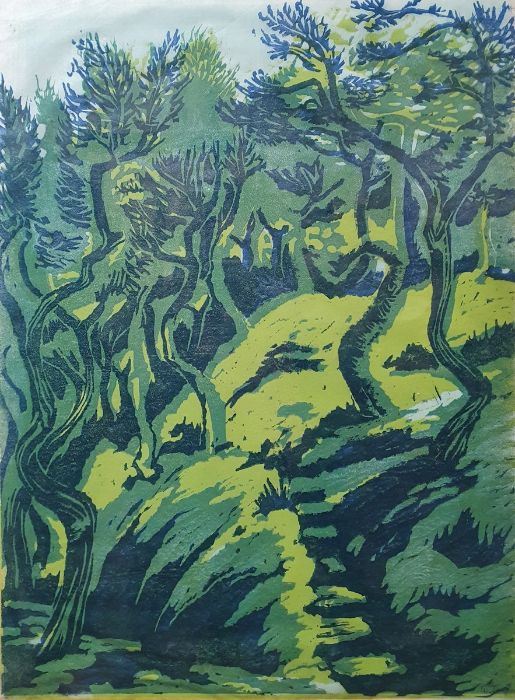 Winifred Taylor (20th century) Colour block print  Woodland scene, signed lower right, 40cm x 31cm