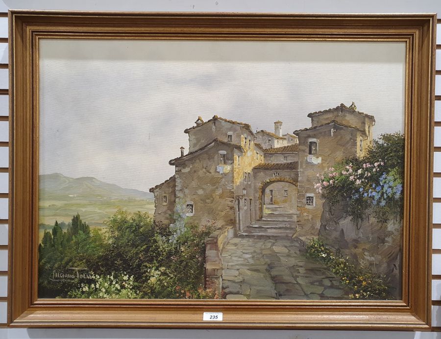 Luciano Torsi (20th century) Oil on canvas Continental village scene with path leading through an - Image 2 of 3