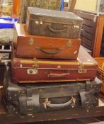 Three vintage leather suitcases and a wooden case (4)