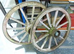 Pair of vintage wooden cartwheels with iron rims (2)