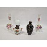 Japanese cloisonné enamel vase, ovoid, black ground with aventurine panels, 10.5cm high, pair