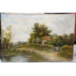 19th century English school Oil on canvas Country scene with girl outside cottage followed by geese,