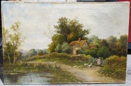 19th century English school Oil on canvas Country scene with girl outside cottage followed by geese,