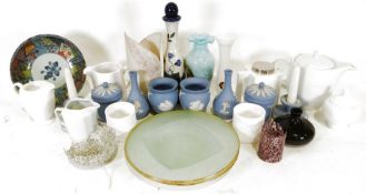 Various items of Wedgwood blue jasperware to include vases, candlesticks, lidded pots and assorted