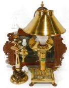 Two brass table lamps, one with Paris Oriental Express Istanbul label and a wall mirror with