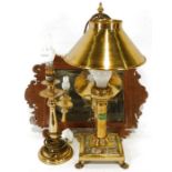 Two brass table lamps, one with Paris Oriental Express Istanbul label and a wall mirror with