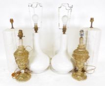 Pair of rococo-style plaster table lamps, an 20th century spatter glass light shade, a pair of