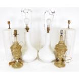 Pair of rococo-style plaster table lamps, an 20th century spatter glass light shade, a pair of