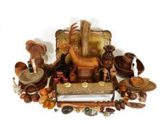 Collection of treen to include a carved model of a deer, various trays, bowls and vases, etc (2