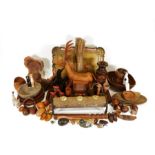 Collection of treen to include a carved model of a deer, various trays, bowls and vases, etc (2