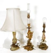 Brass and onyx table lamp, another brass and onyx table lamp and a gold painted brass table lamp (3)