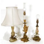 Brass and onyx table lamp, another brass and onyx table lamp and a gold painted brass table lamp (3)