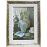 Eirene Jackson  Oil on board "Green Still Life One", still life with vases and books, signed lower