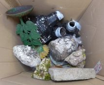 Three cast iron downpipe hopper heads and various composite stone garden ornaments  Condition