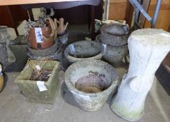 Collection of composite stone plant pots and two bird bath bases (14)