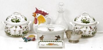 Pair of Portmeirion 'Botanic Garden' lidded casseroles, a glass decanter, a pewter bowl and assorted