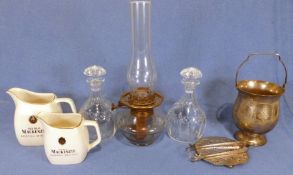 Pair of Webb Corbett cut glass decanters, two Wade Mackenzie Scotch Whisky pottery jugs, an oil