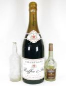 Oversized plastic champagne bottle, Ruffin & Fils (100cm tall approx.), an empty large Martell VS