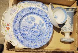 Pair of Spode blue and white plates, a pair of Coalport urn-shaped lidded vases with floral and gilt