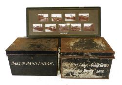 Two metal chests, one inscribed 'Window Lodge of Oddfellows' and the other inscribed 'Hand in Hand