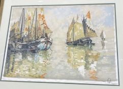 Hans Figura (1898-1978) Etching and aquatint on silk Moored boats, signed in pencil lower right,