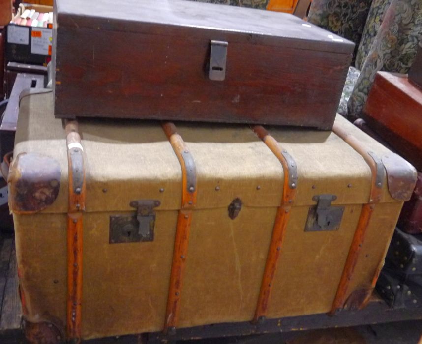Vintage canvas and bentwood steamer trunk and a stained pine box (2)